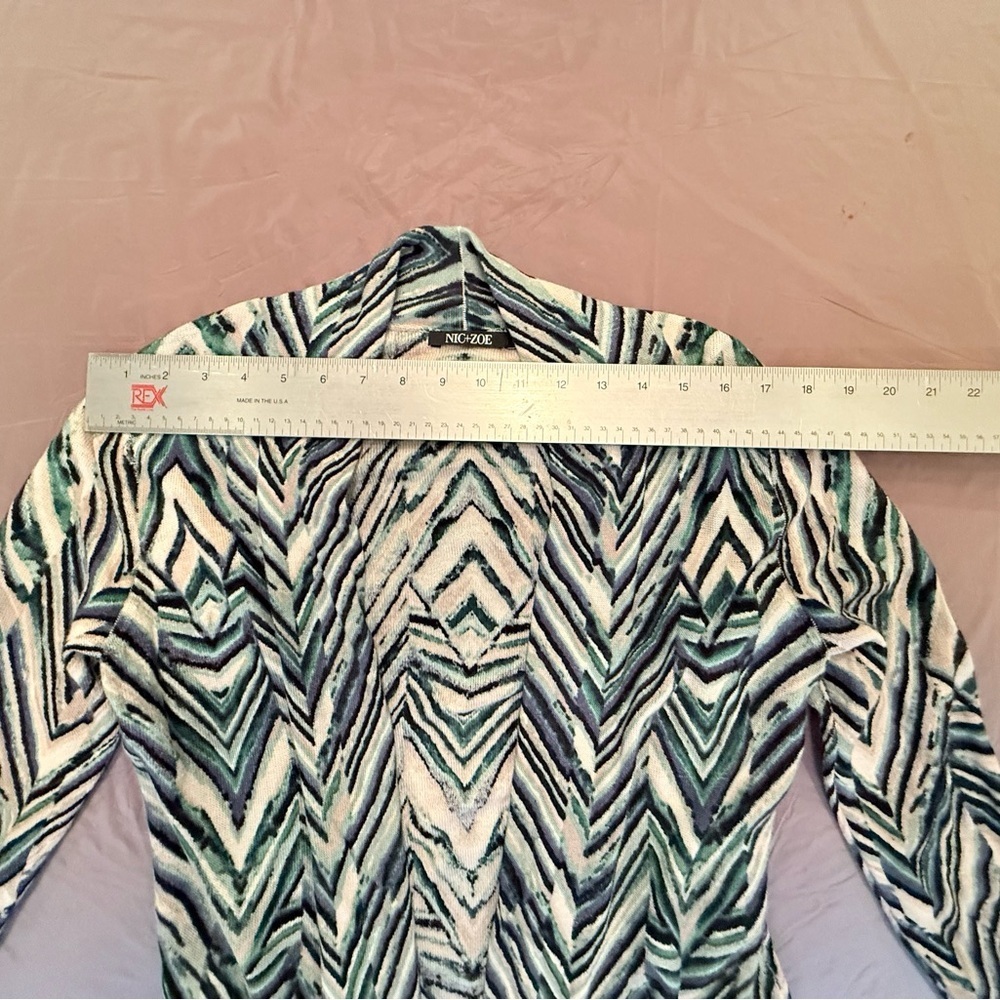 NIC+ZOE Cream/Teal/Navy Open Front Chevron Linen Sweater Size Medium MSRP $168 - Picture 12 of 12